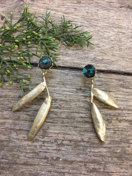 LEAFS AND TURQUOISE BIG EARRINGS